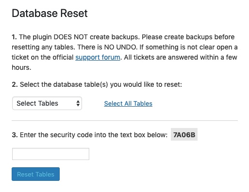 WP Database Reset Options