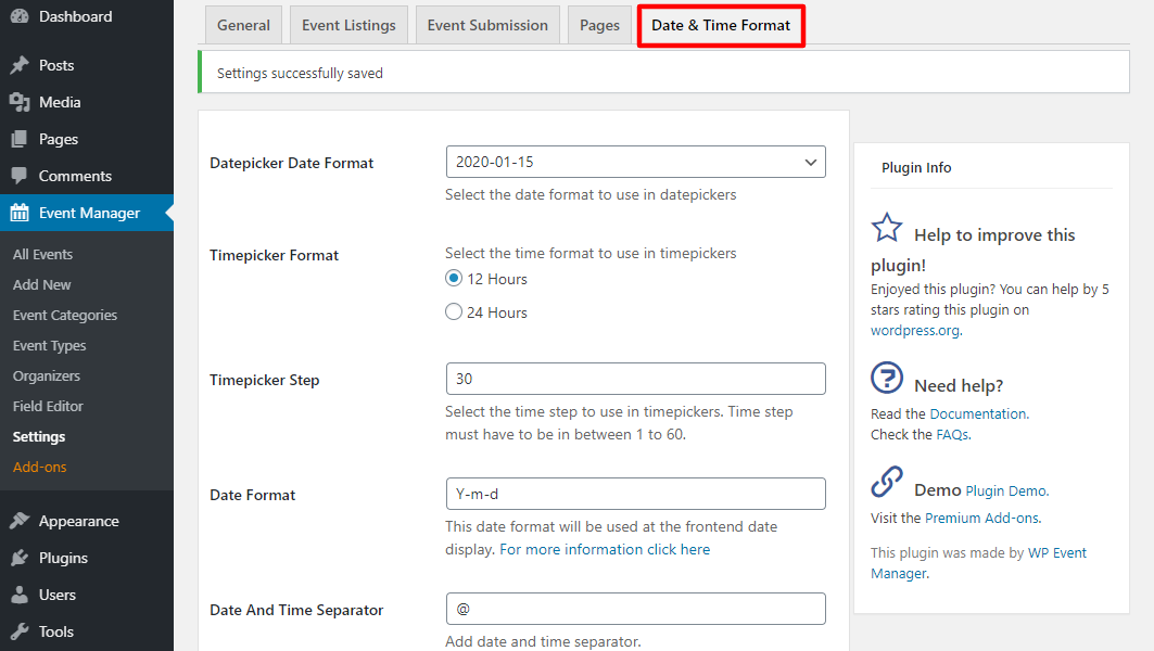 WP Event Manager Data and Time