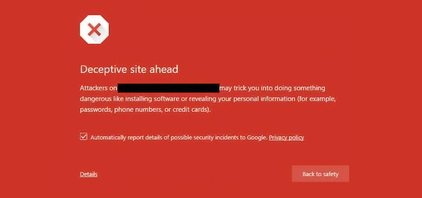 Advertencia inicial de sitio web engañoso de Google