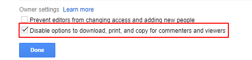 Отключить загрузку печатной копии в Google Drive PDF