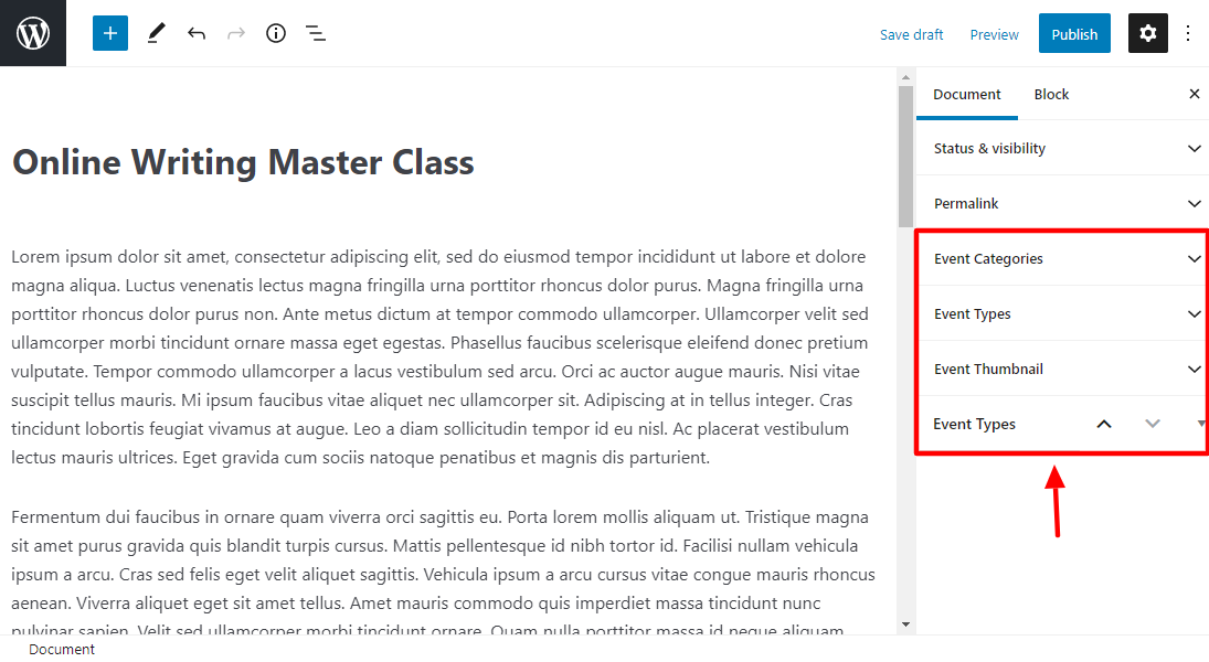 WP Event Manager document block