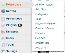 Easy Digital Downloads menu options