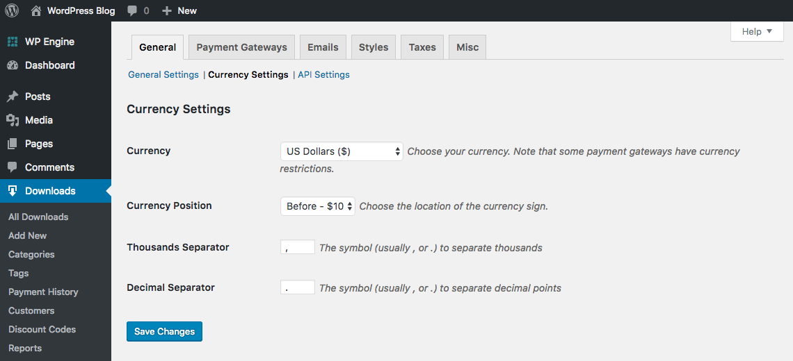 Easy Digital Downloads Currency Settings