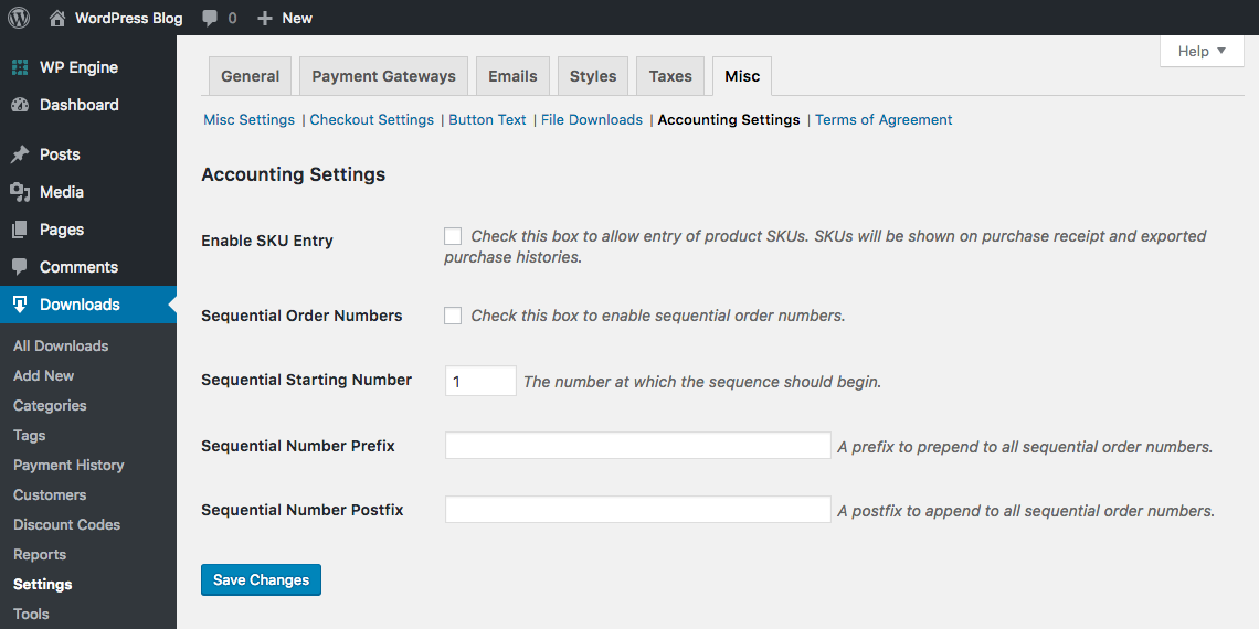 Easy Digital Downloads Accounting Settings