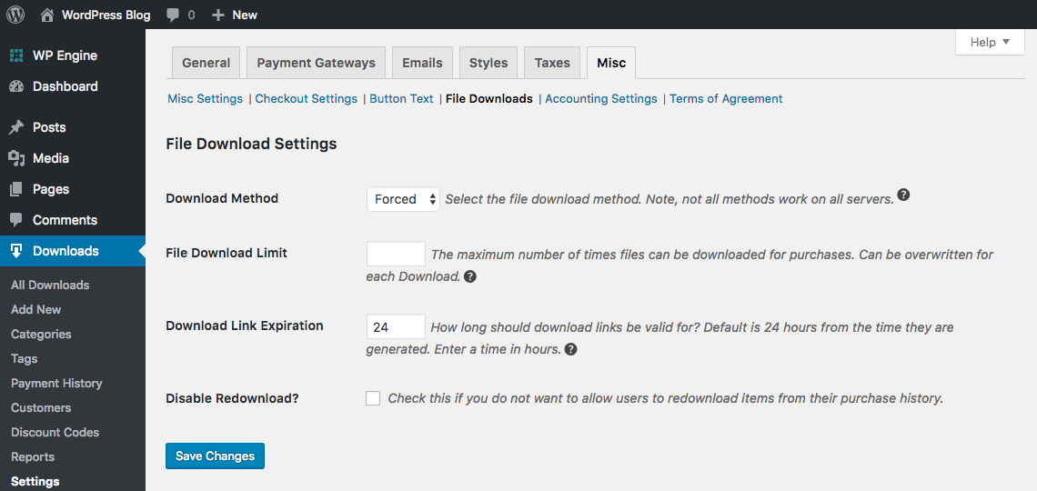 Easy Digital Downloads File Download Settings