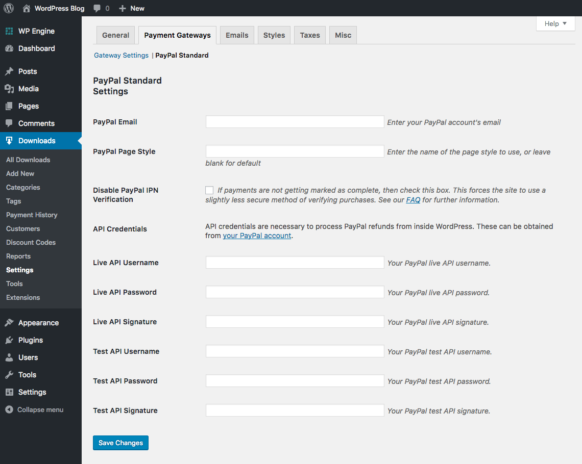 Easy Digital Downloads Paypal Standard Settings