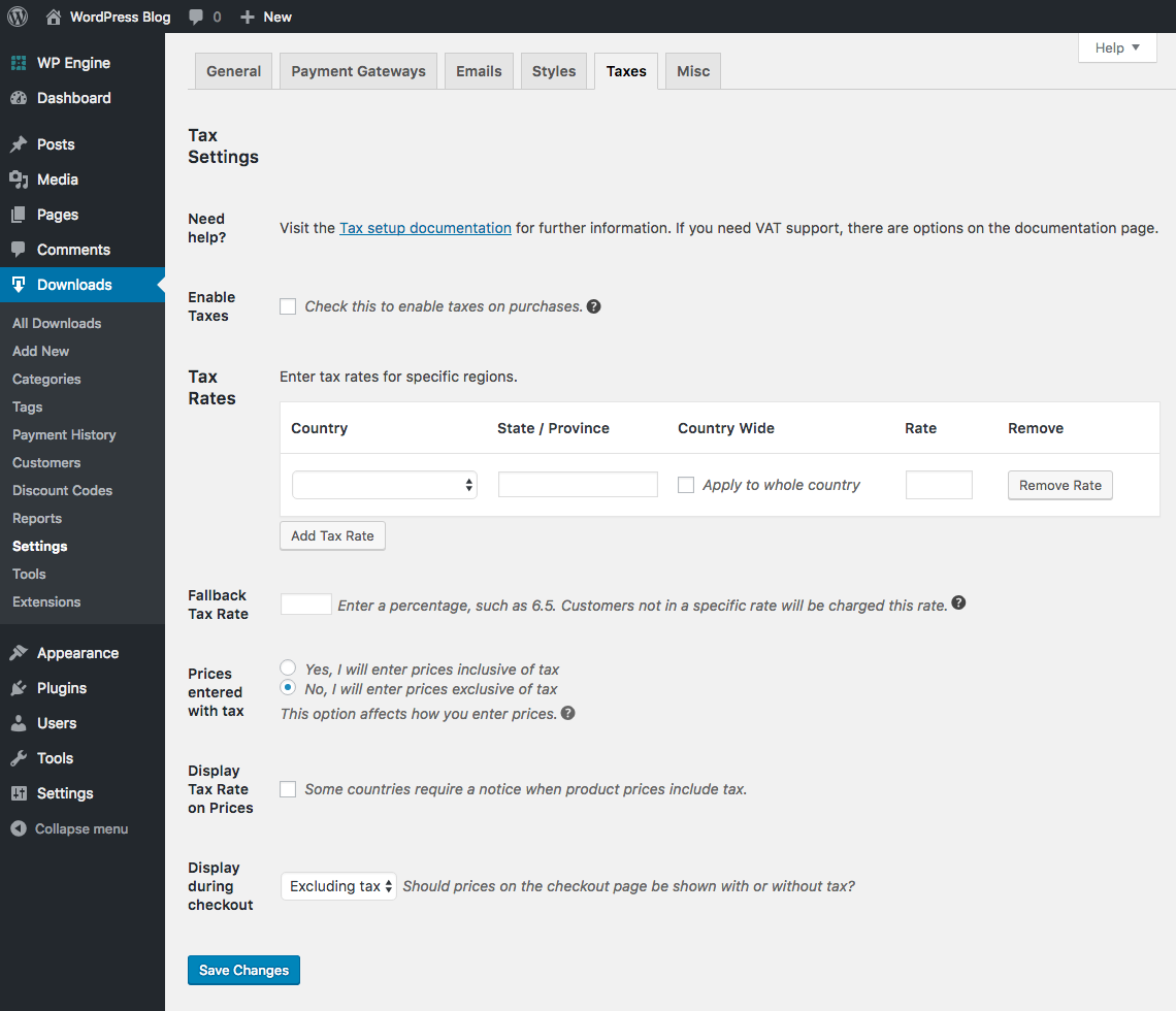 Easy Digital Downloads Tax Settings