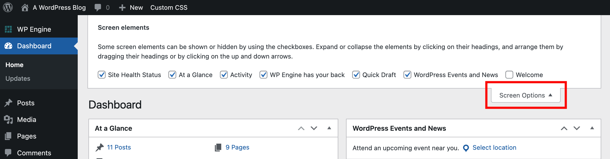 Use Screen Options to Edit Dashboard Widgets