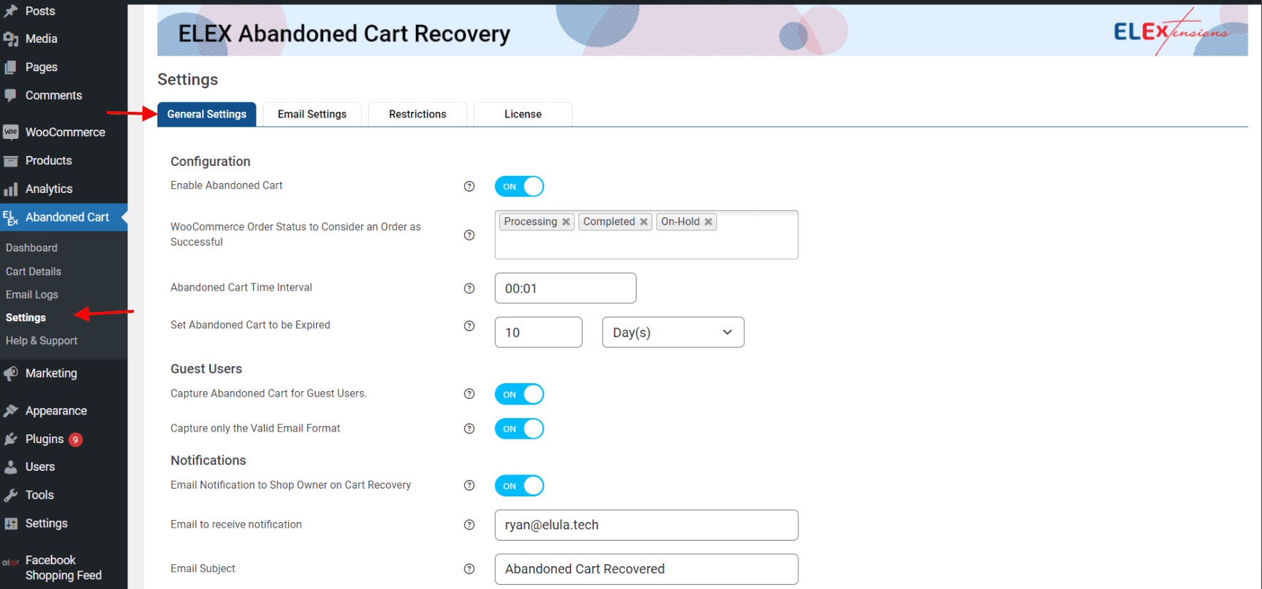 ELEX WooCommerce Abandoned Cart Recovery General Settings