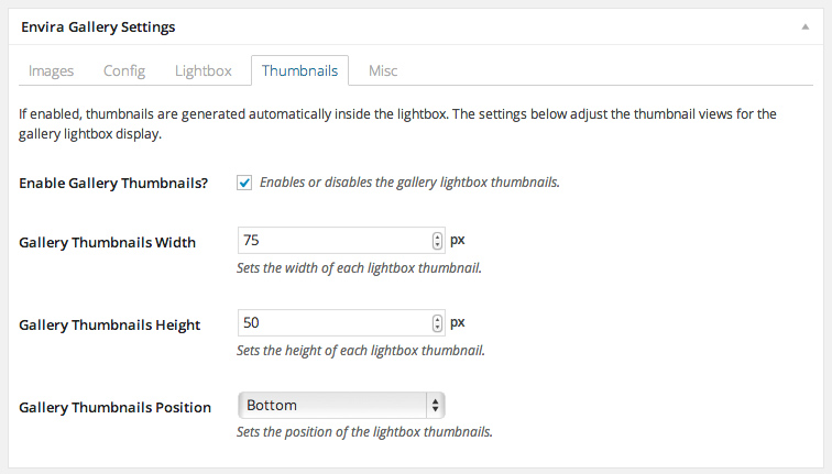 Gallery Thumbnail Settings