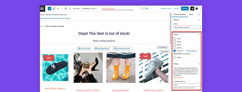 Toolset template for out-of-stock products