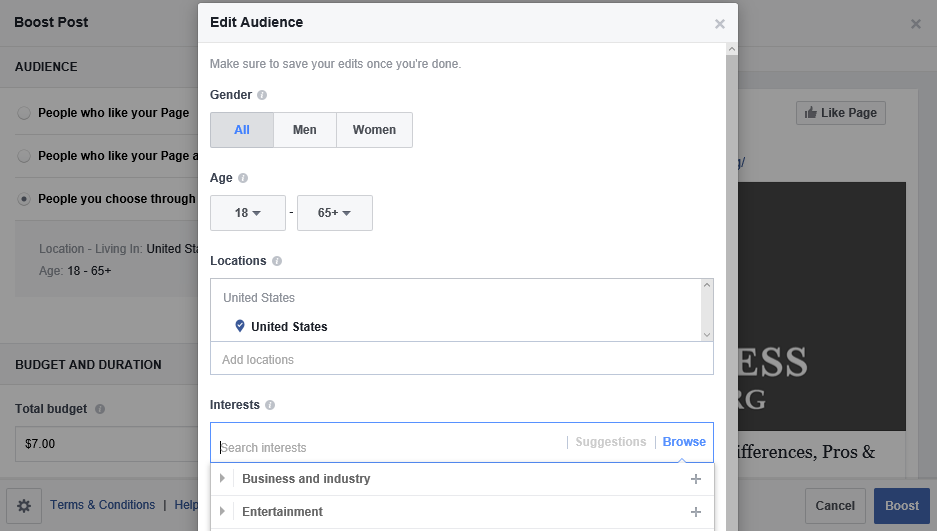 Facebook Ads targeting options screen