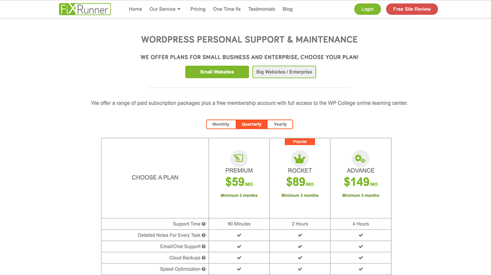FixRunner WordPress support pricing