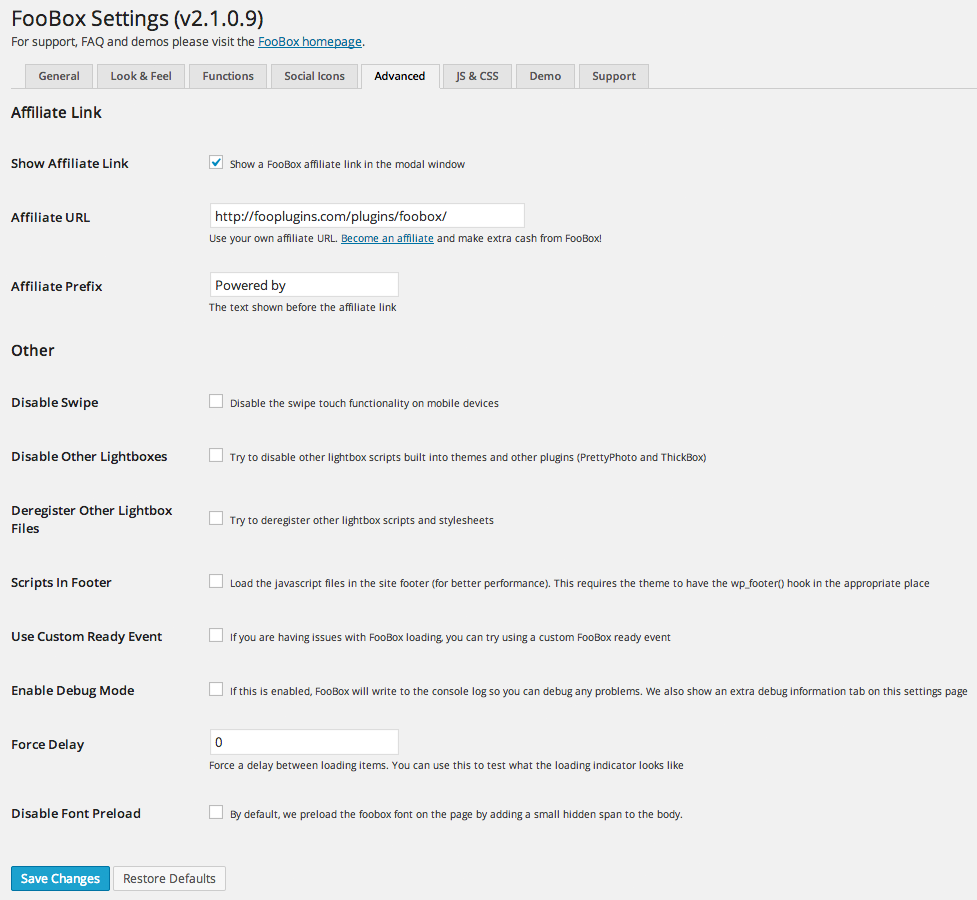 Foobox Advanced Settings