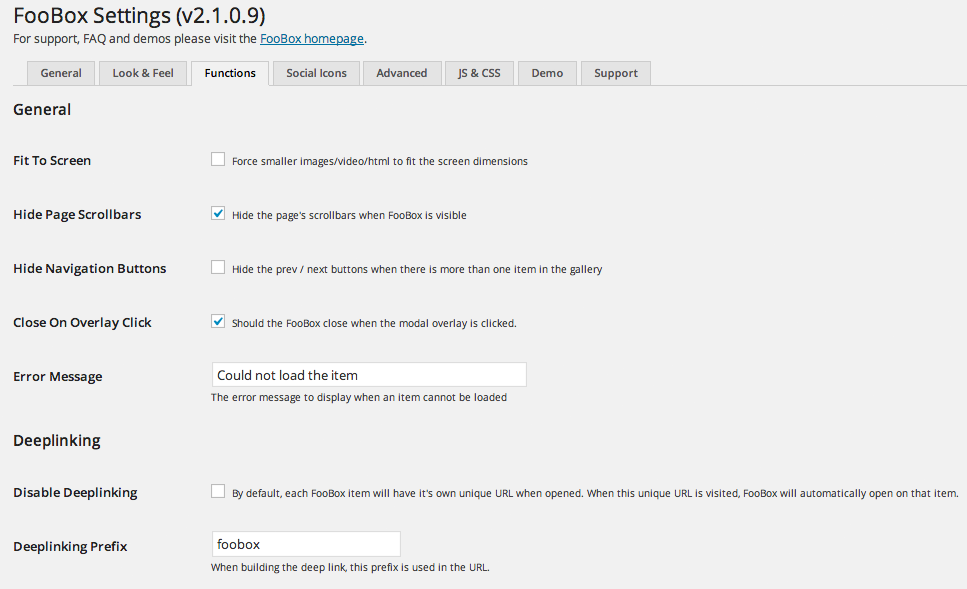 Foobox Functions Settings