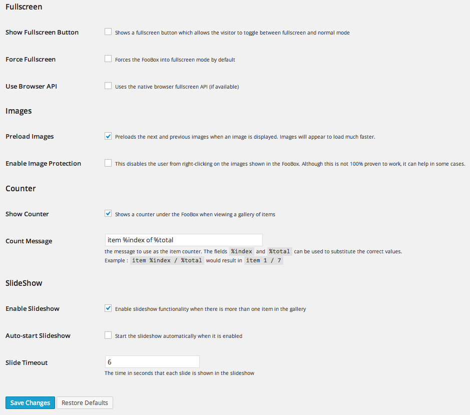 Foobox Functions Settings