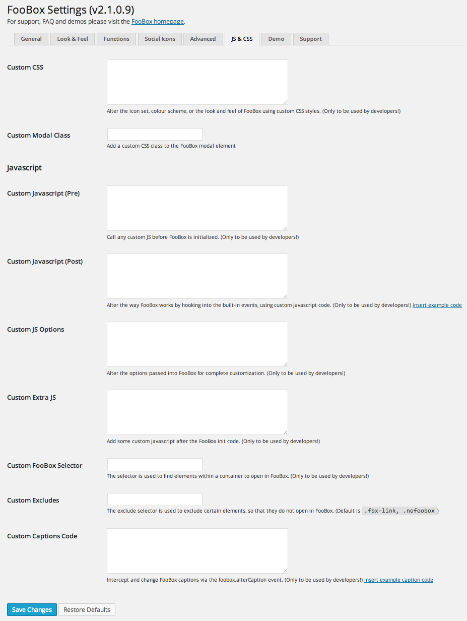 Foobox JS and CSS Settings