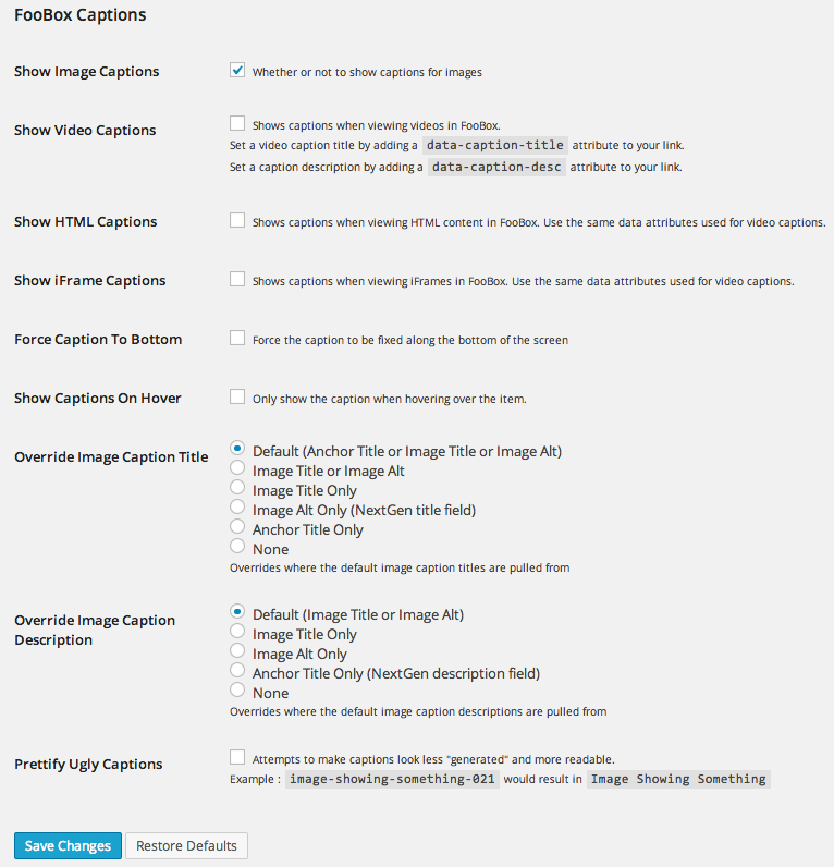 Foobox Look and Feel Settings