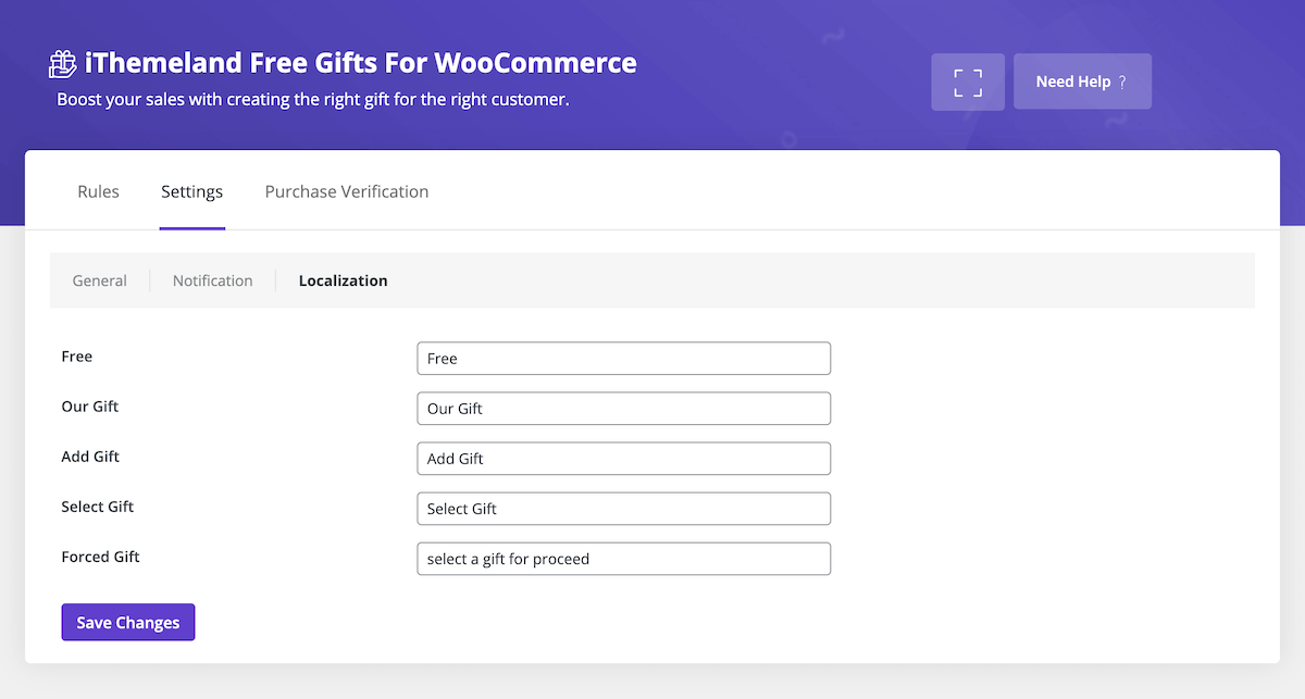 Free Gifts for WooCommerce Settings Localization