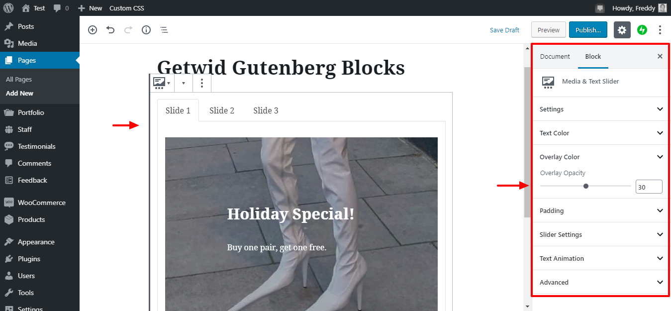 getwid media text slider block settings