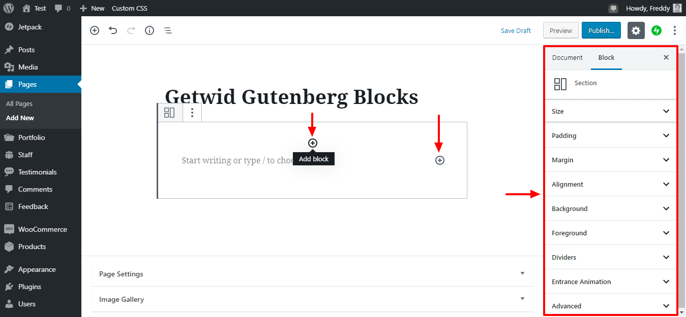 getwid section block settings