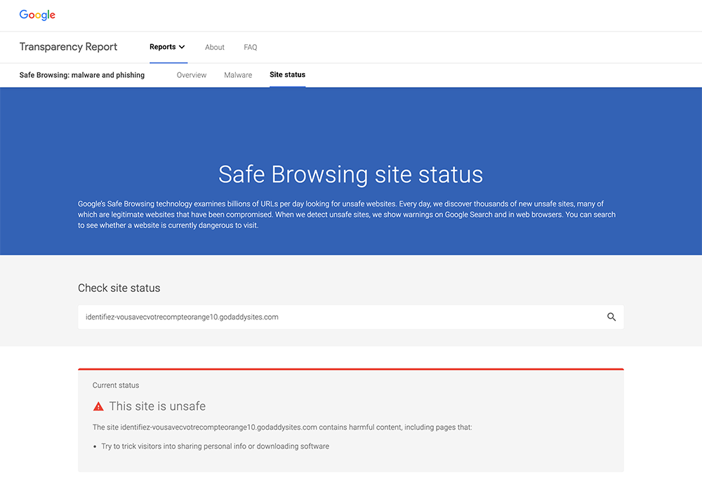 Recherche de l'état du site de navigation sécurisée Google