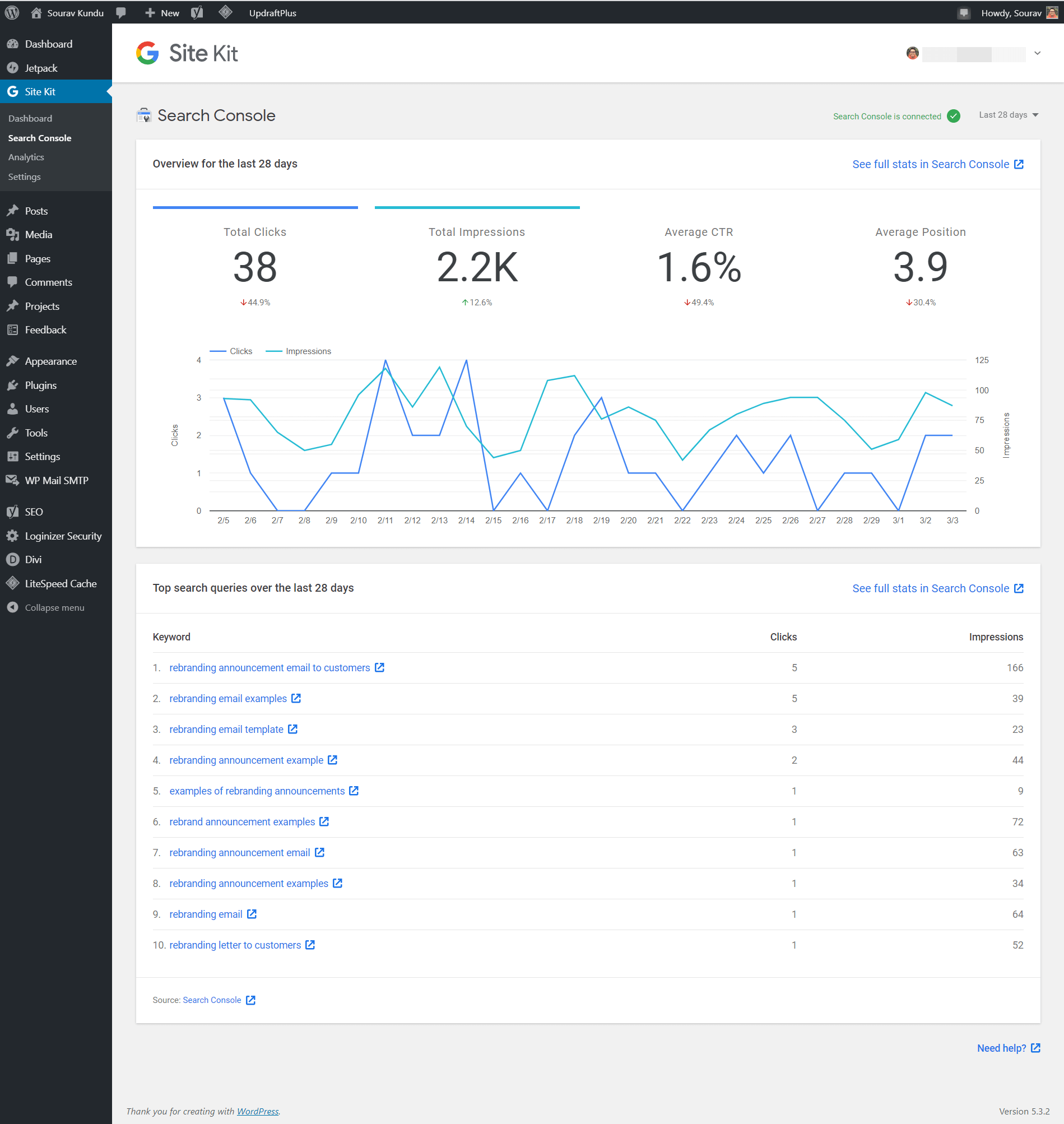 google site kit search console dashbord