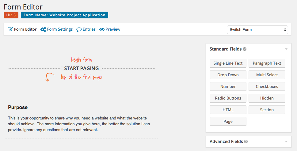 Gravity Forms page sections