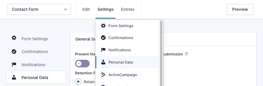 Gravity Forms Personal Data Settings
