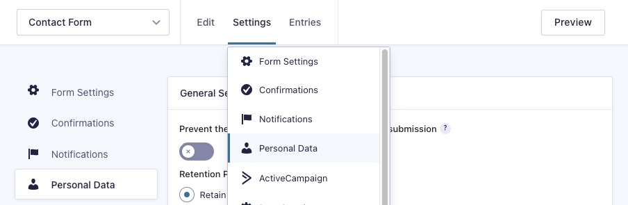 Configuración de datos personales de Gravity Forms