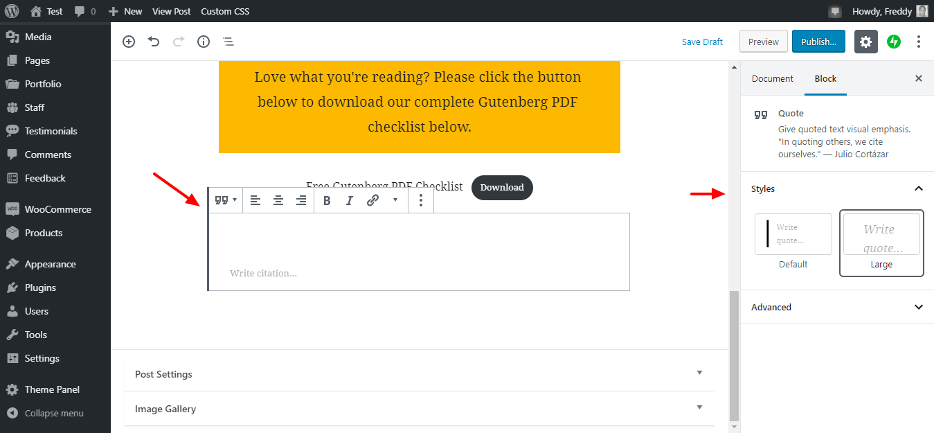 gutenberg quote block settings