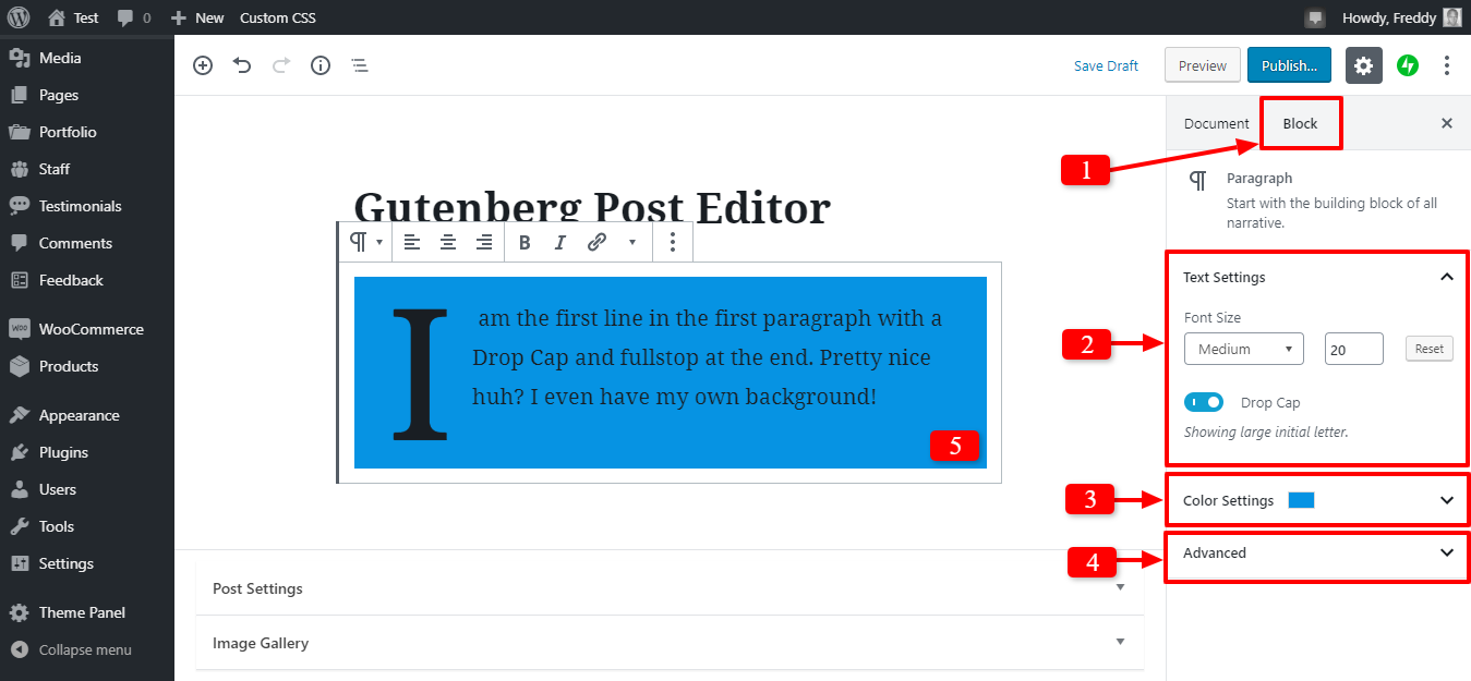 gutenberg sidebar options for paragraph block