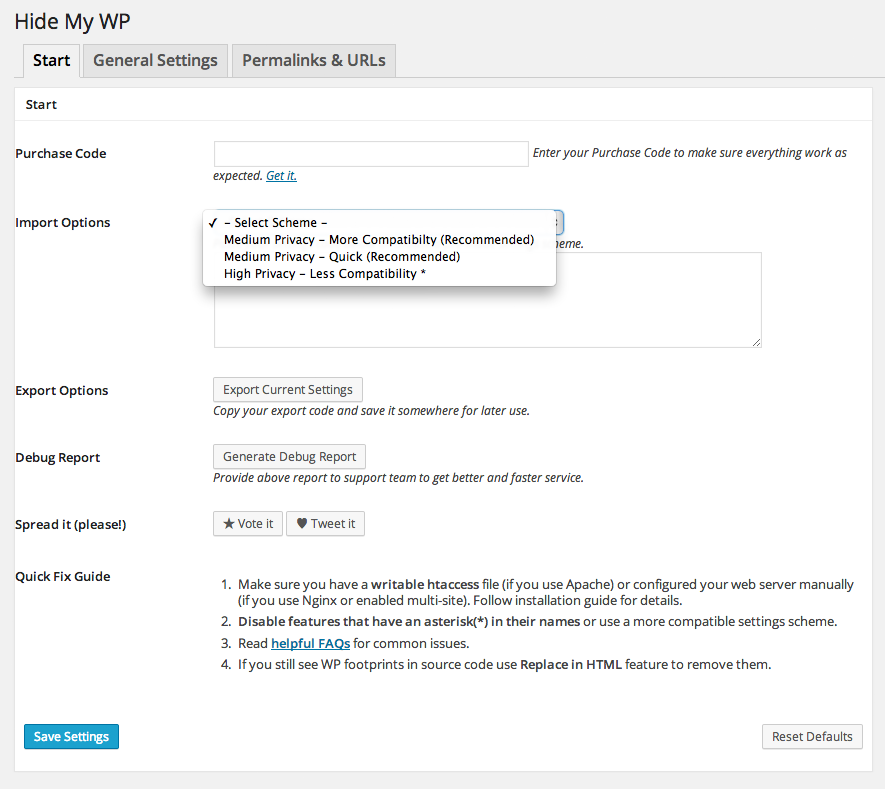 Hide My WP Start Settings