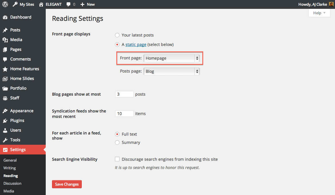 WordPress Reading Settings