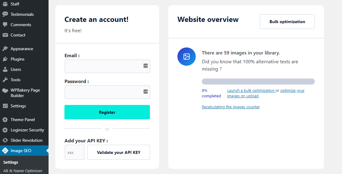 image seo optimizer settings dashboard