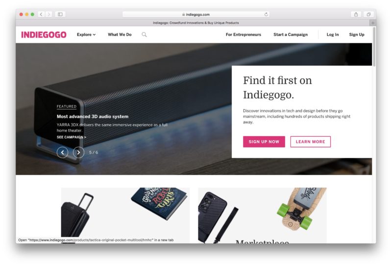 The Indiegogo home page.
