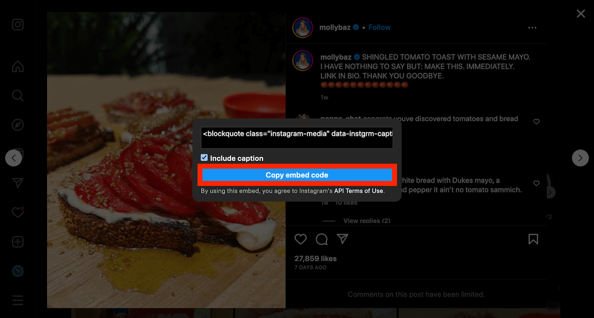 Copy the Instagram Embed Code
