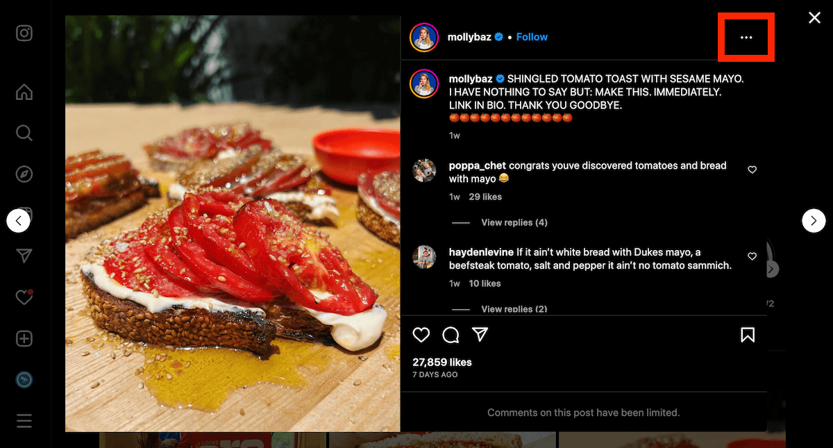 Click on the three dots on an Instragram post