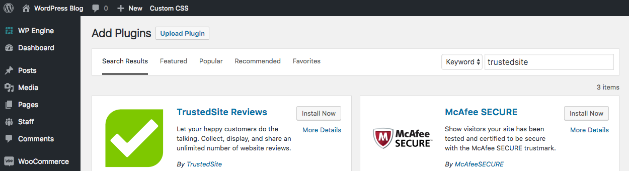 WordPress add new plugin dashboard searching for the trustedsite reviews plugin