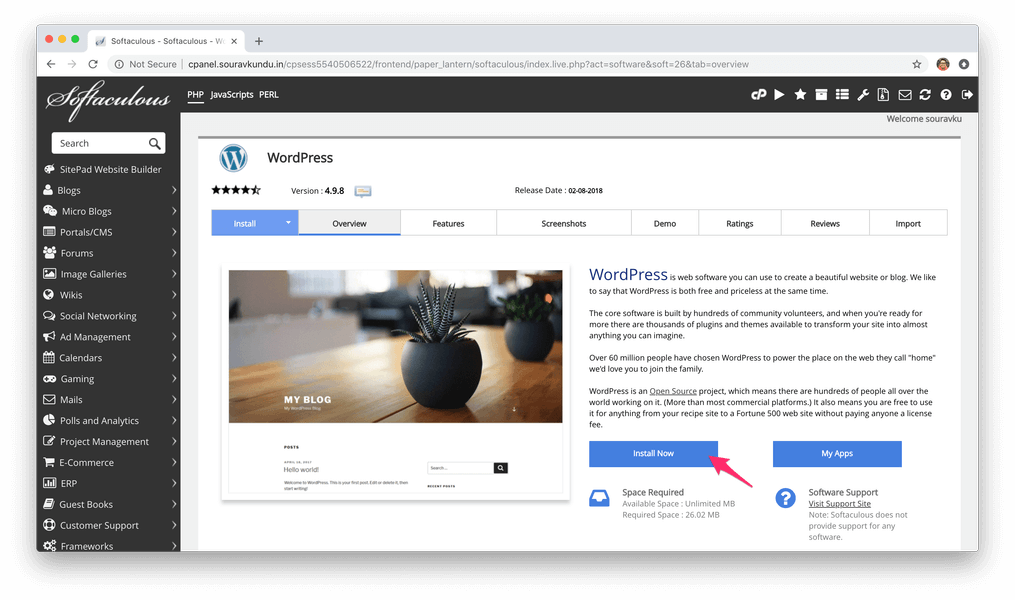 install wordpress with softaculous cpanel 2 install now