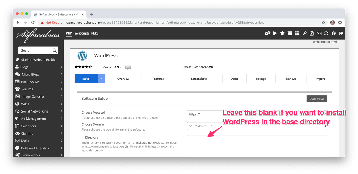 install wordpress with softaculous cpanel 3 install location information-2
