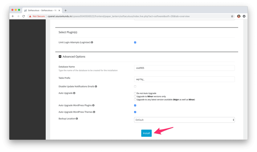 install wordpress with softaculous cpanel 5 advanced options