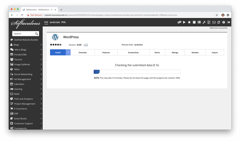 install wordpress with softaculous cpanel 6 processing