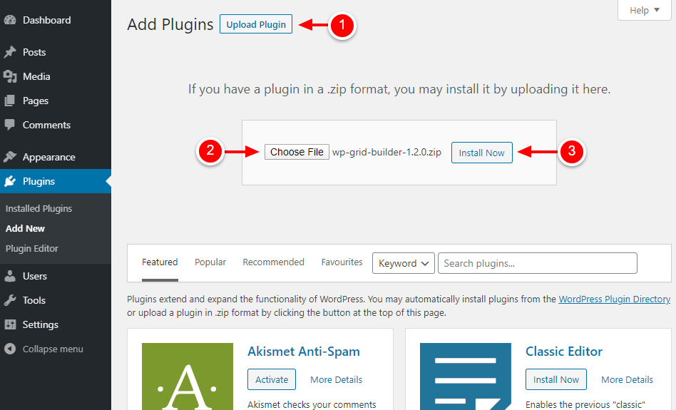 installing gridbuilder wordpress plugin manually