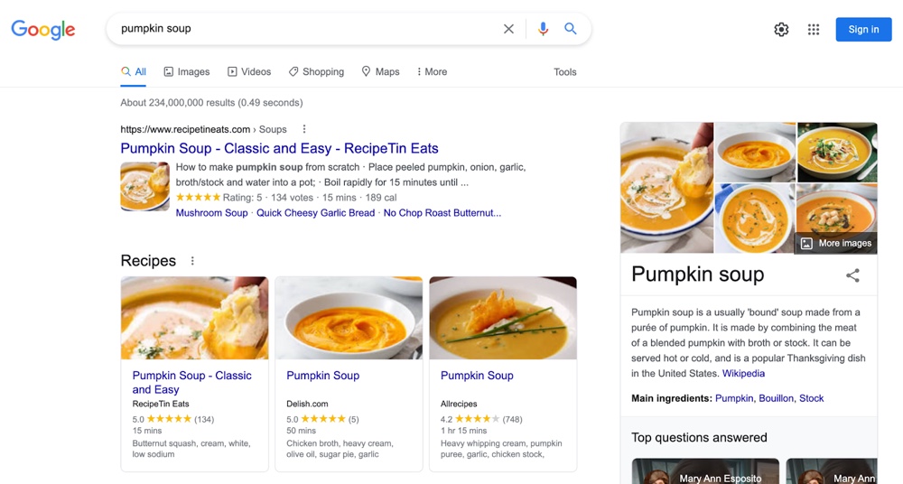 Search intent for ‘pumpkin soup’