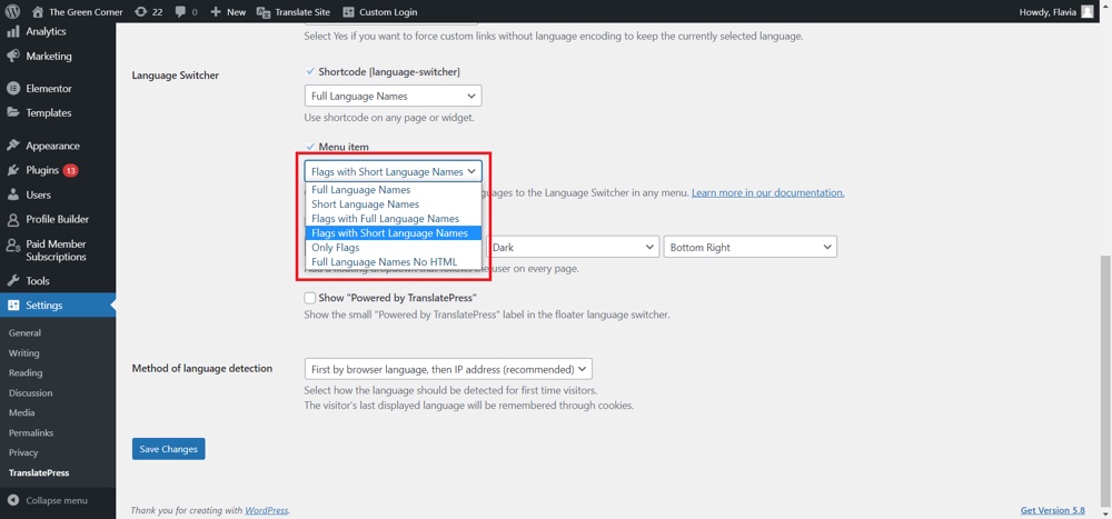 TranslatePress options to display switchers