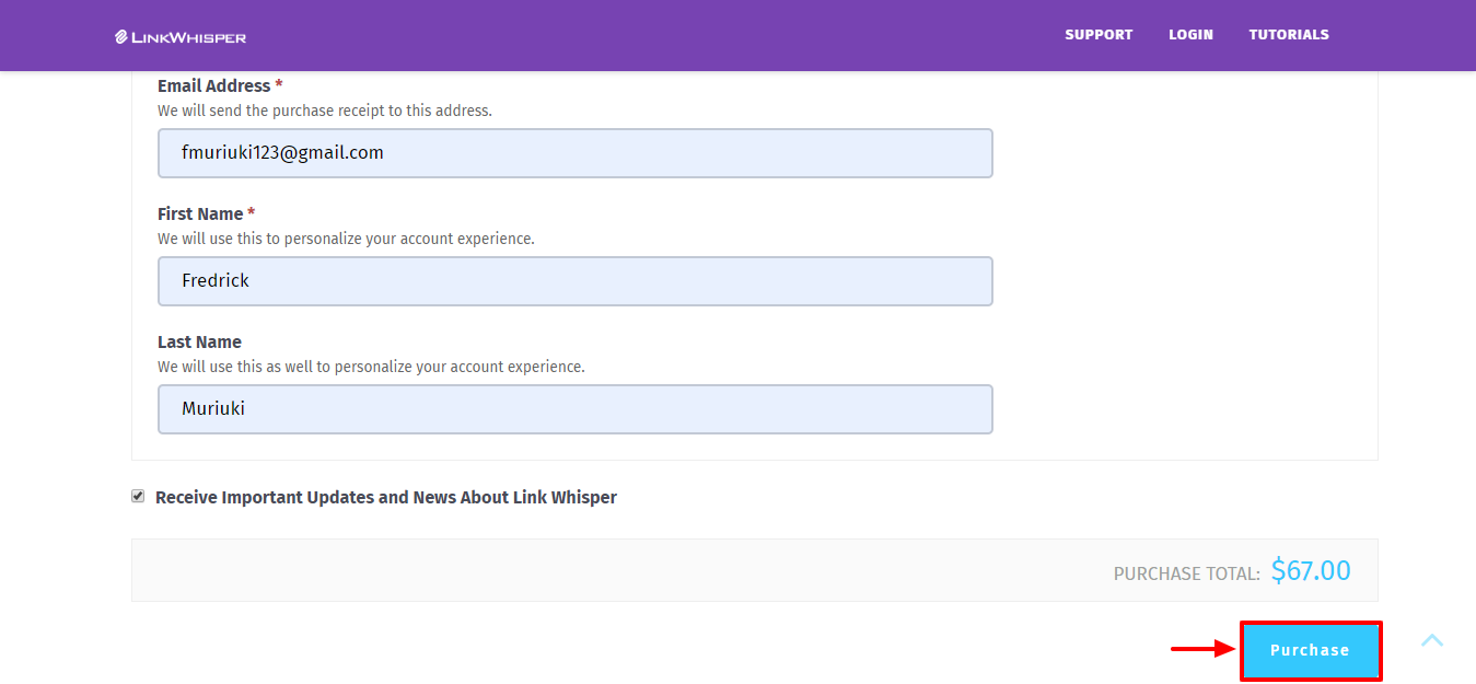 link whisper checkout page