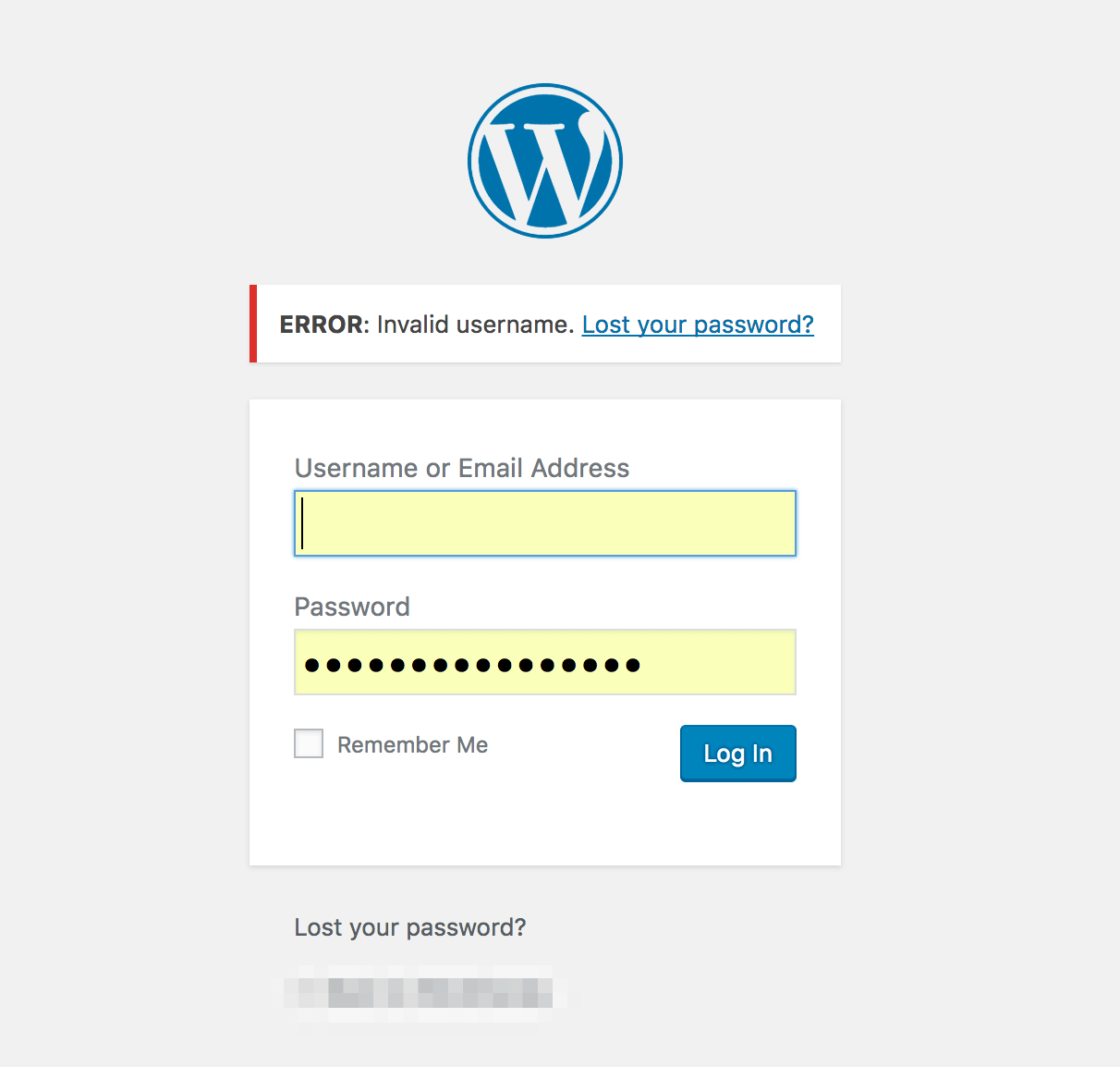 A WordPress login screen showing an error.