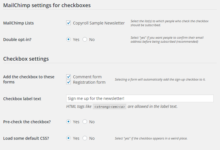 MailChimp for WordPress - Checkboxes option page