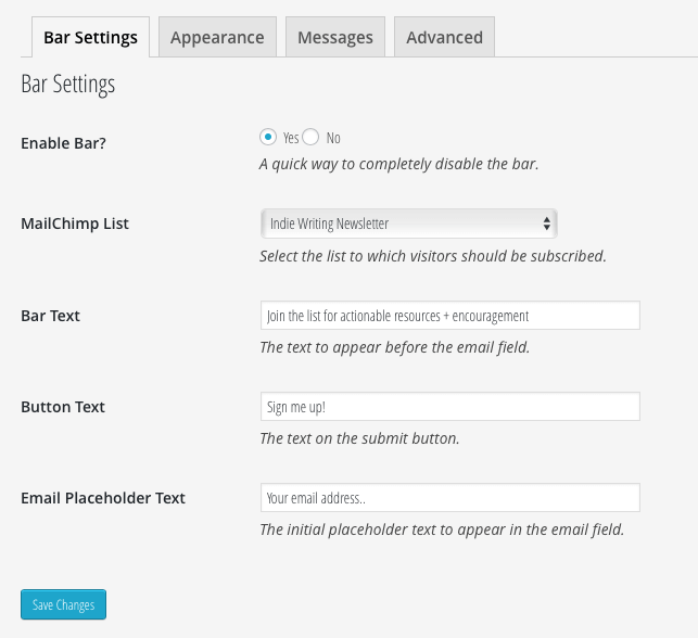 MailChimp for WordPress Top Bar Settings